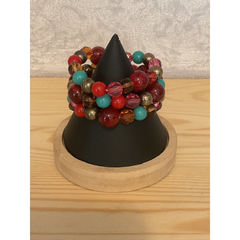 Colorful Beaded Stretch Bracelet With Red Teal & Gold Beads